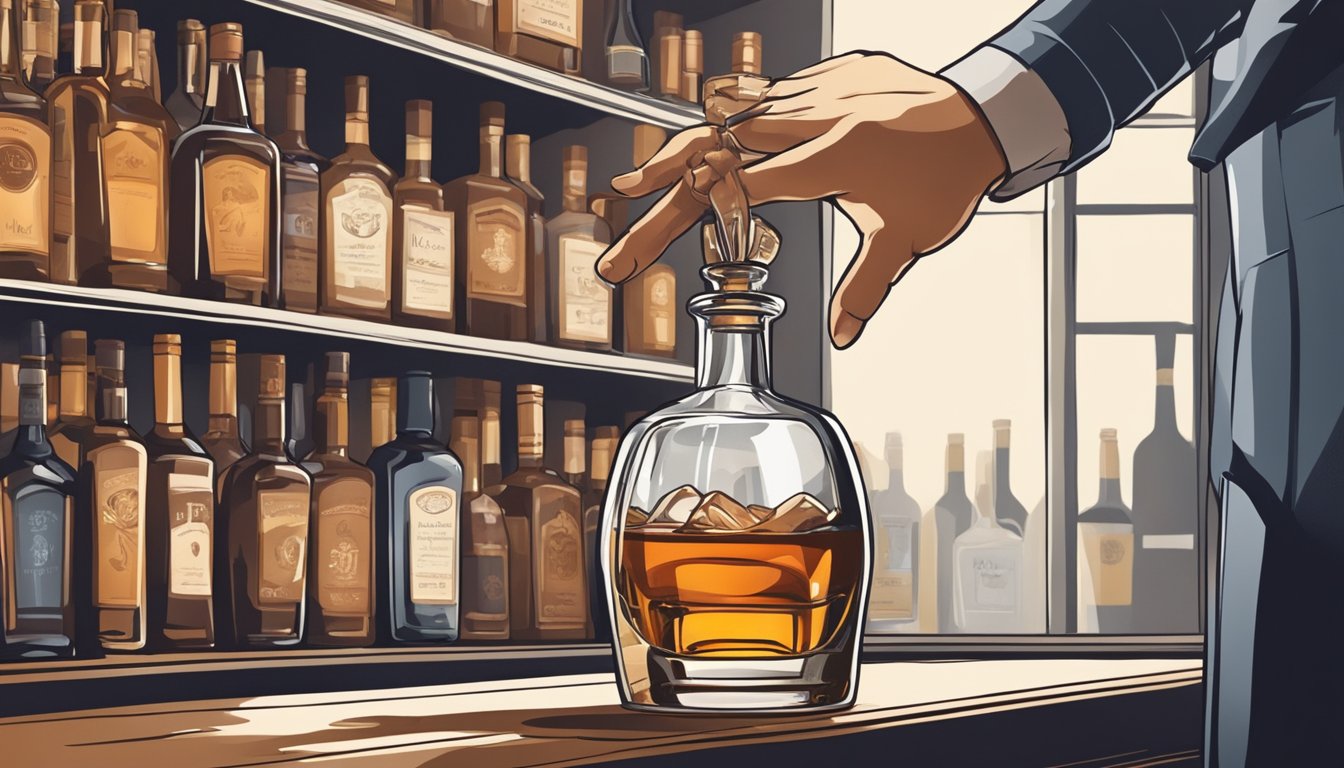 A hand reaches for a bottle of brandy on a shelf, pouring a glass and savoring the aroma