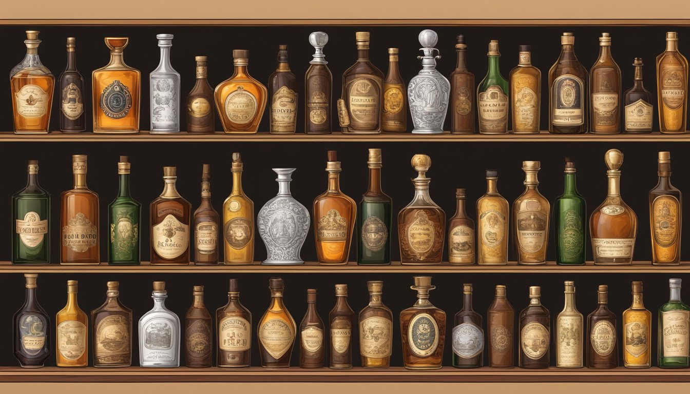 A collection of historical brandy bottles displayed on a wooden shelf with a backdrop of cultural symbols and artifacts