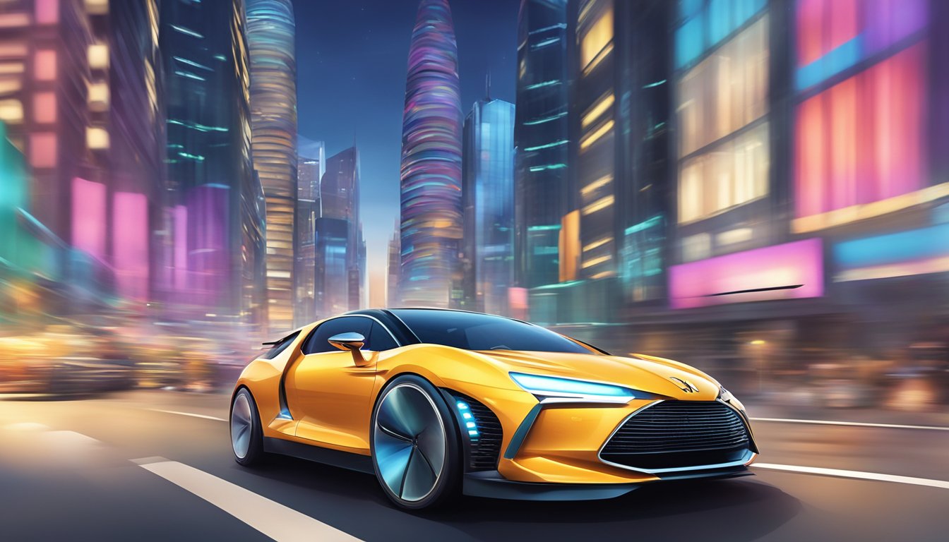A sleek DS car drives through bustling global city streets, surrounded by skyscrapers and vibrant lights, showcasing its presence in the competitive global market