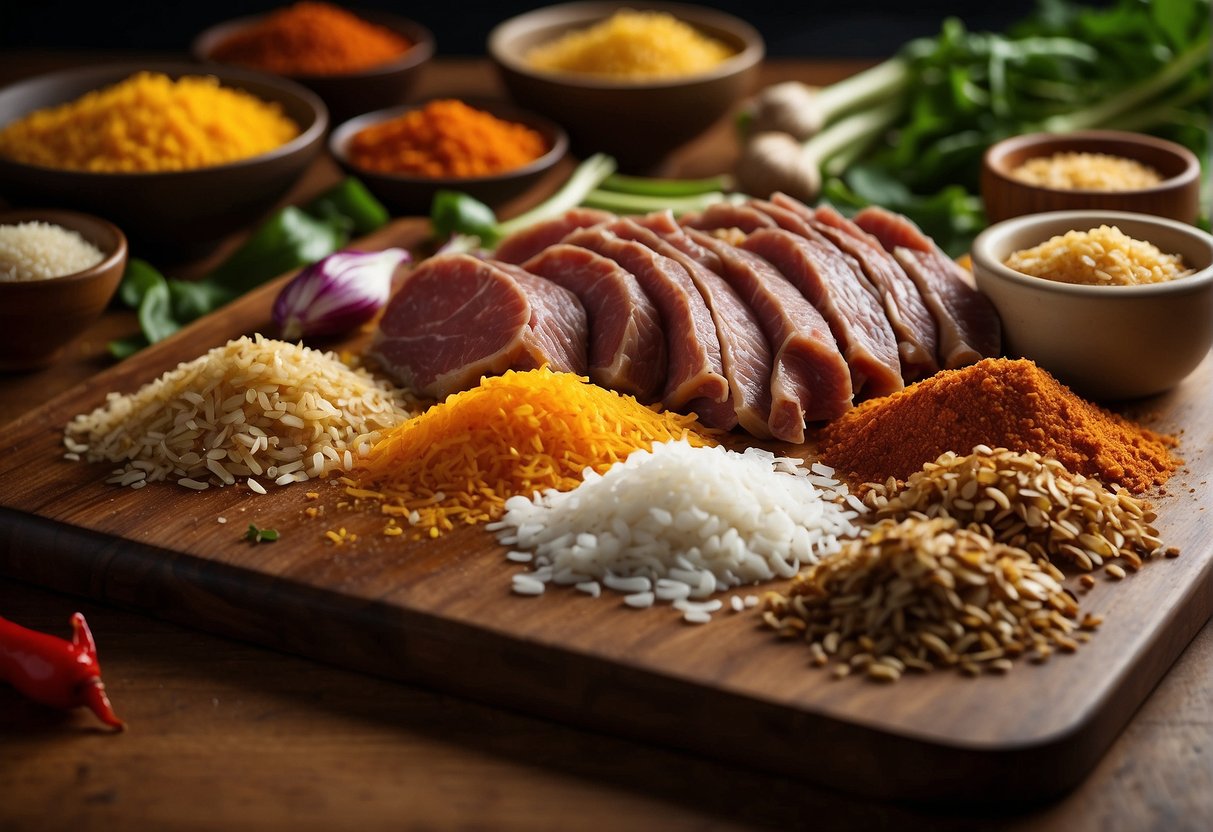 A variety of seasonings and spices are scattered around a cutting board with sliced beef tendon, ready to be used in a Chinese spicy beef tendon recipe