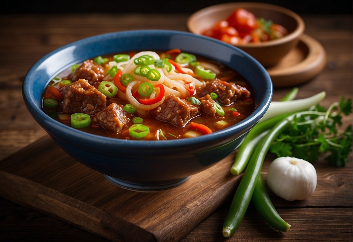 A steaming bowl of Chinese spicy beef tendon, garnished with green onions and chili peppers, sits on a rustic wooden table