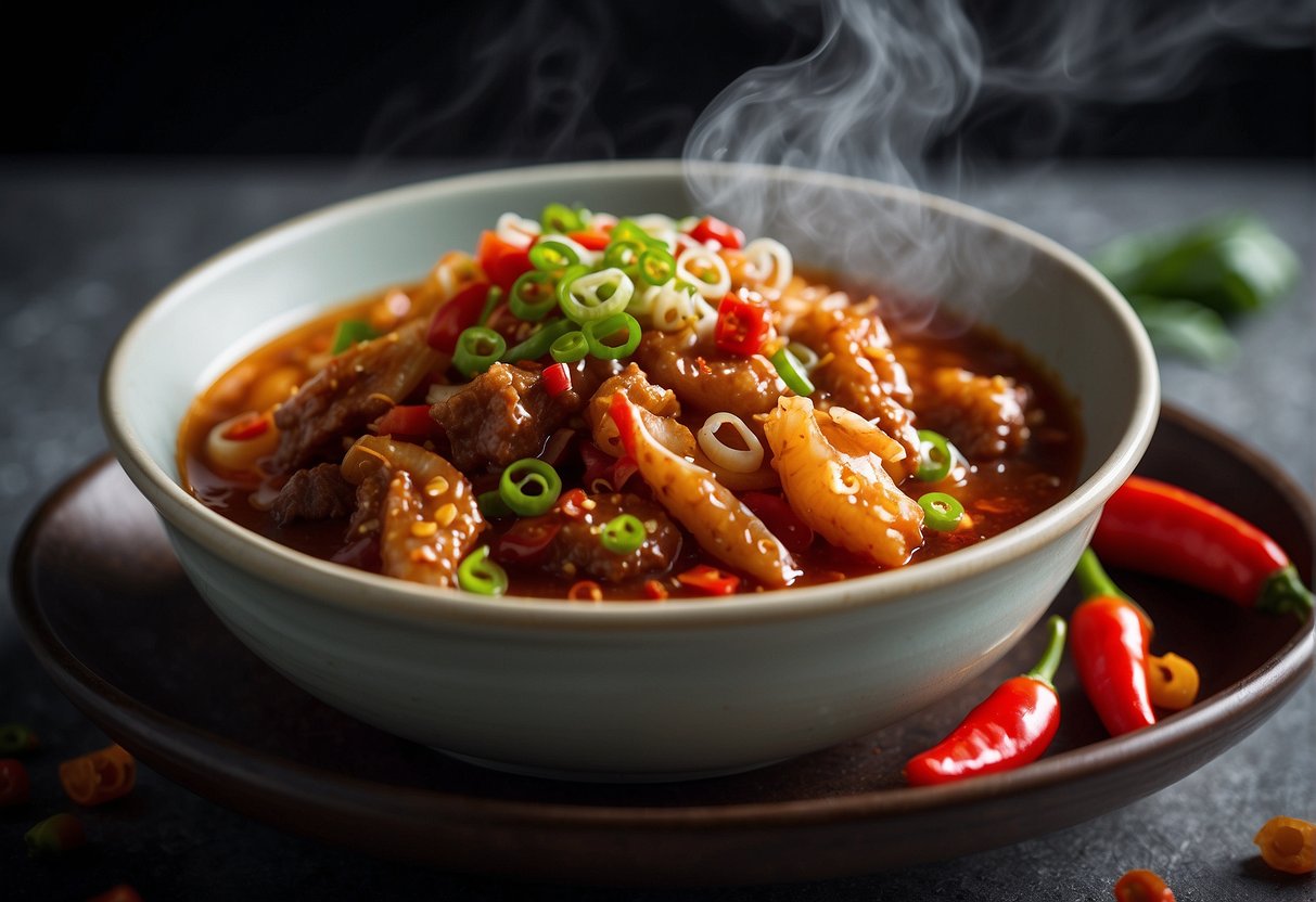 A steaming bowl of Chinese spicy beef tendon, surrounded by chili peppers and Sichuan peppercorns