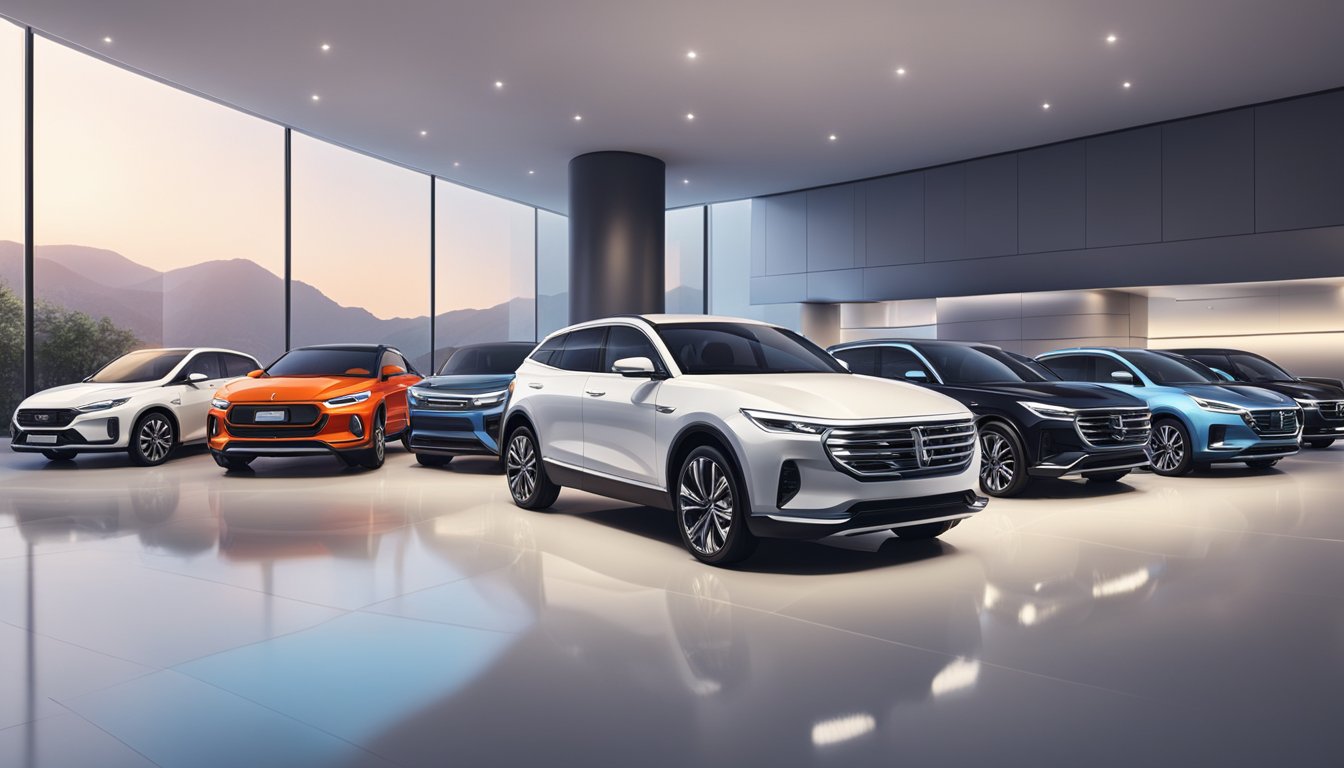 A lineup of Chinese car brands displayed in a modern showroom. Bright lights highlight sleek designs and cutting-edge technology