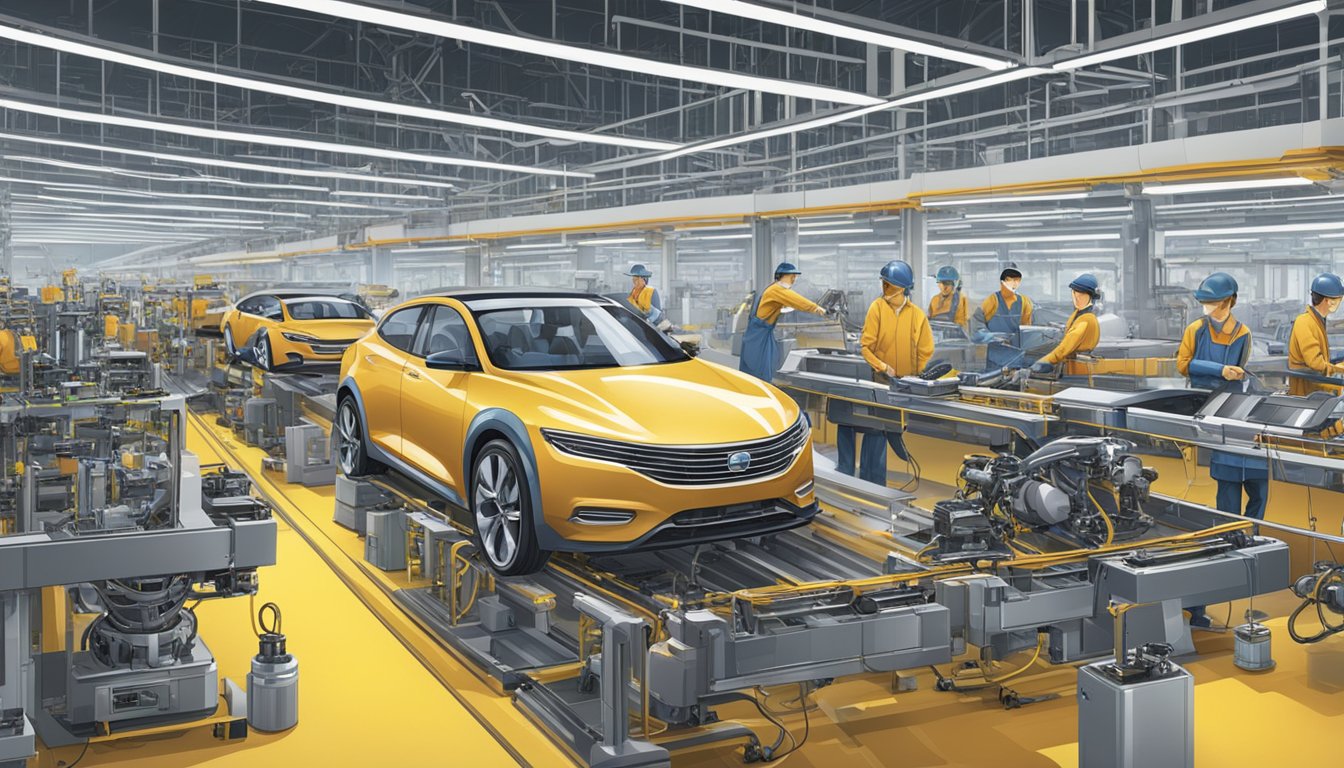 A bustling Chinese auto factory, with advanced robotics and cutting-edge machinery assembling sleek, futuristic cars for top Chinese car brands