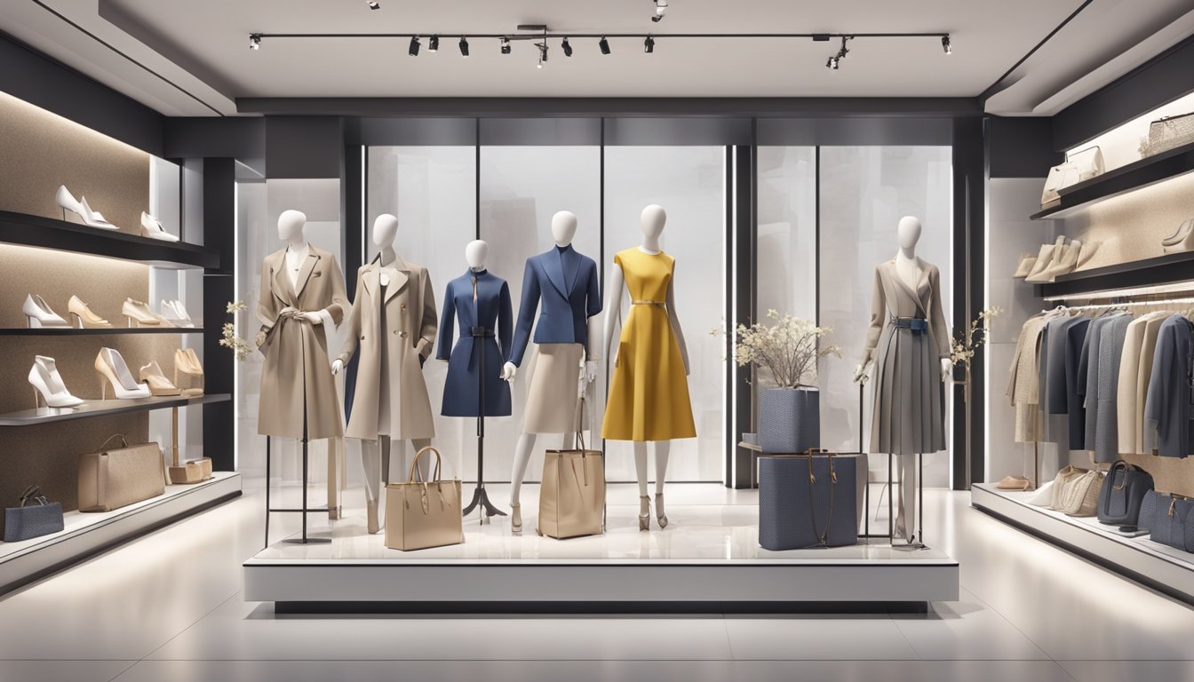 A modern boutique display showcases French ready-to-wear and accessories, with sleek mannequins and elegant product arrangements