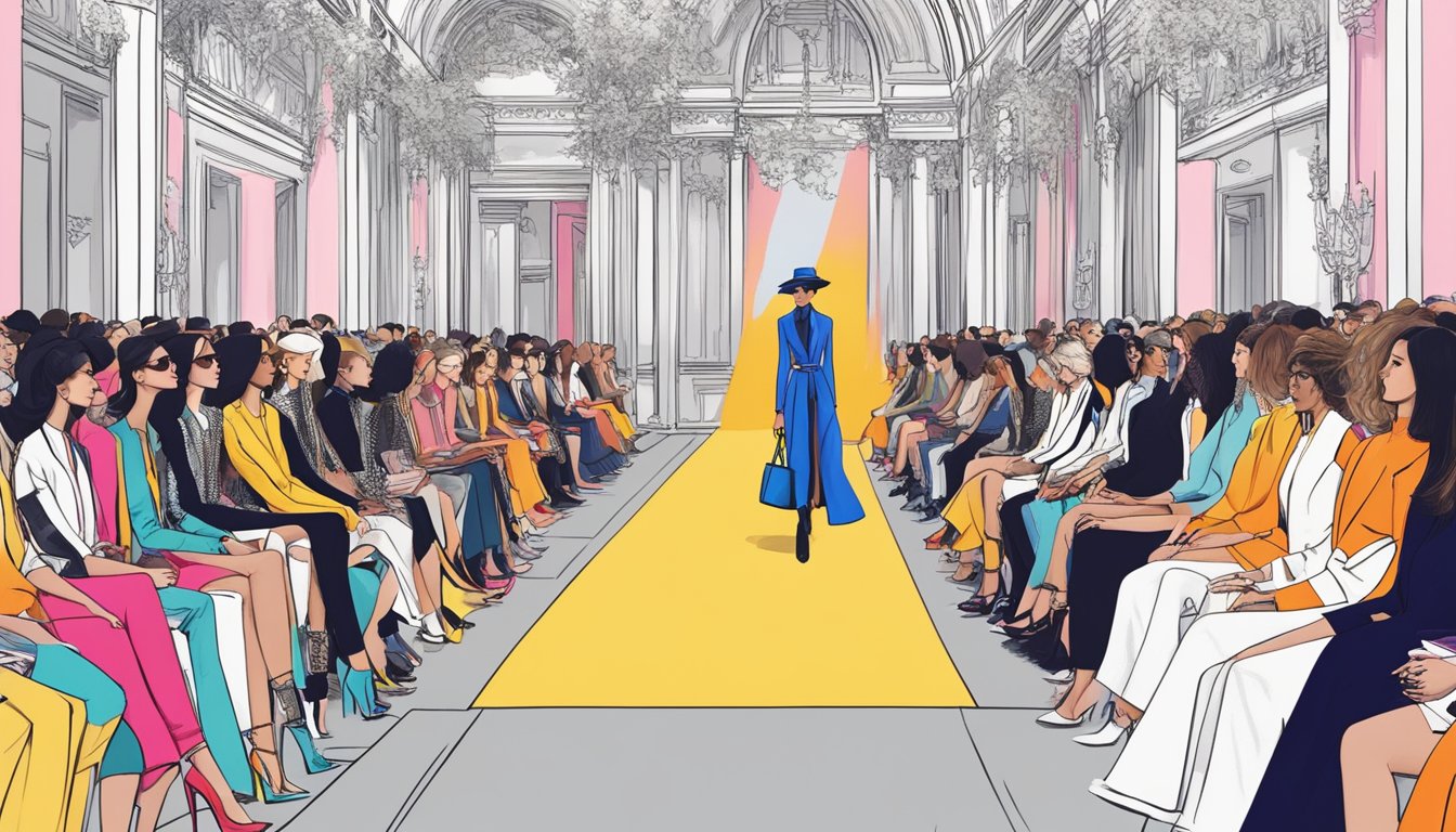 A vibrant runway showcasing rising French fashion brands, with bold designs and avant-garde styles
