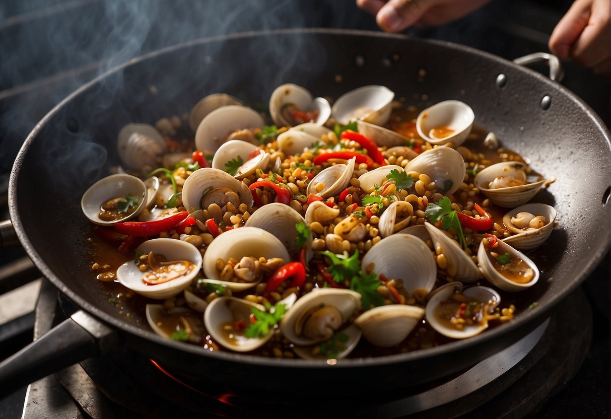 A wok sizzles with spicy clams, chili peppers, and Sichuan peppercorns. Steam rises as the chef adds garlic and ginger