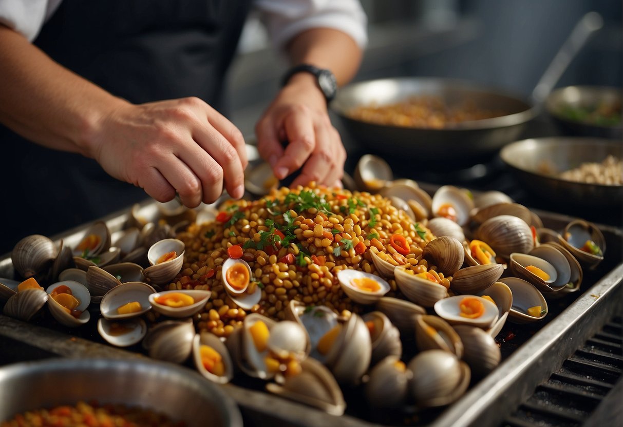 A chef gathers fresh clams, chili peppers, and spices for a Chinese spicy clam recipe