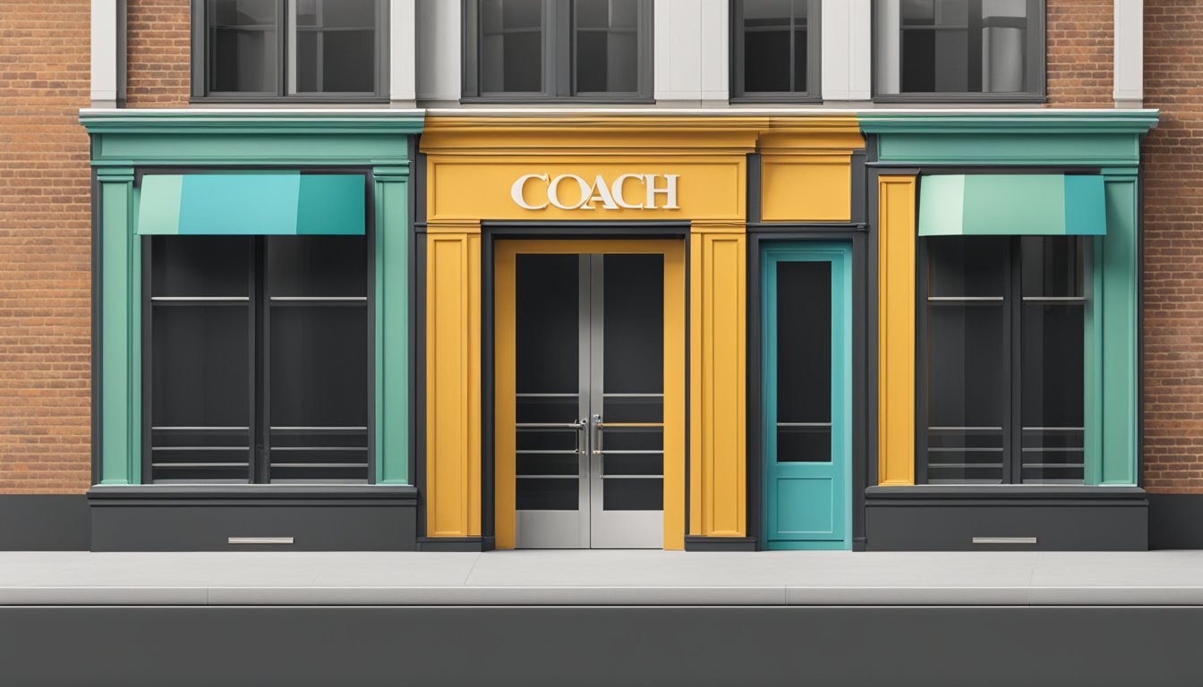 A coach brand logo displayed on a sleek, modern storefront window. The logo is bold and prominently featured, with clean lines and a striking color palette