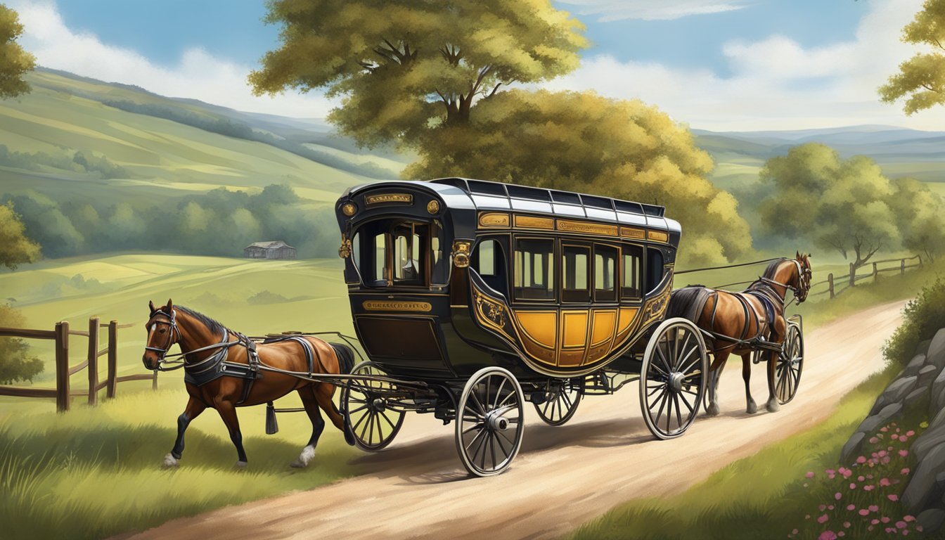 A vintage stagecoach travels through a scenic countryside, showcasing the heritage of the Coach brand