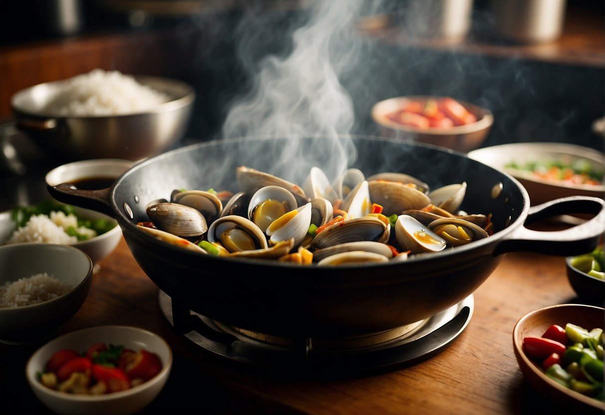 A steaming wok sizzles with fresh clams, ginger, garlic, and chili peppers. Bowls of soy sauce and rice vinegar sit nearby for seasoning