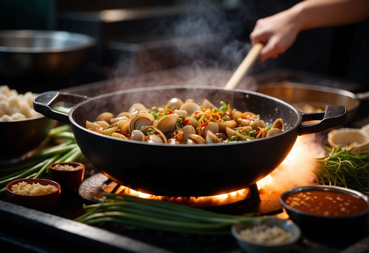 A wok sizzles with garlic, ginger, and chili as clams pop open. Steam rises as the chef adds soy sauce and green onions