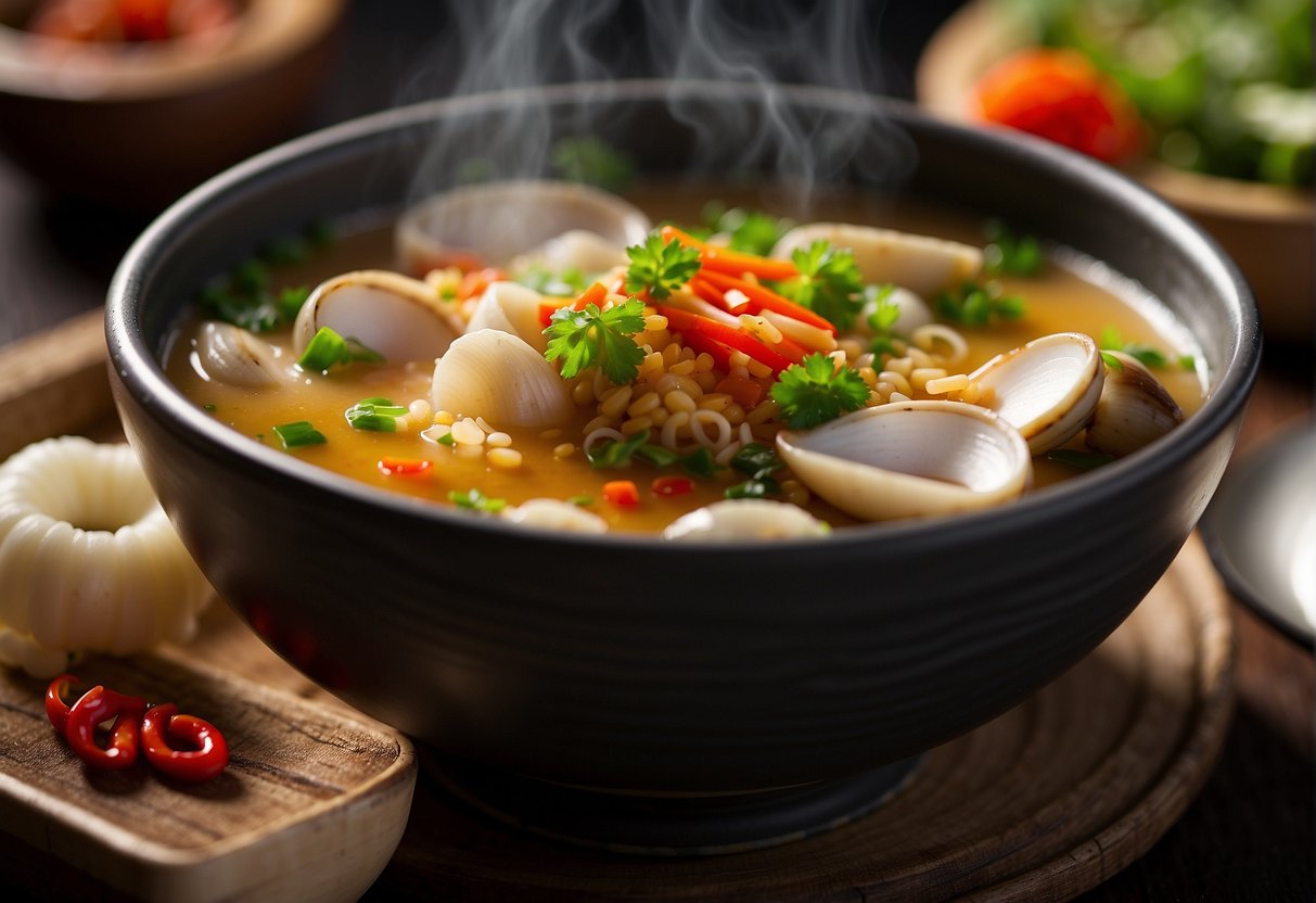 A steaming bowl of Chinese spicy clam soup with a side of fresh vegetables and a sprinkle of chili flakes on top