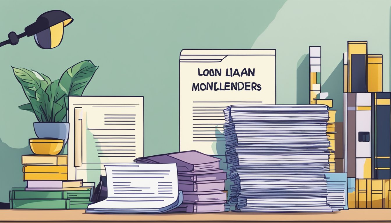 A stack of legal documents on a desk, a sign displaying "Regulations Governing Moneylenders," and a list of "LOAN QUALIFICATIONS" in Singapore