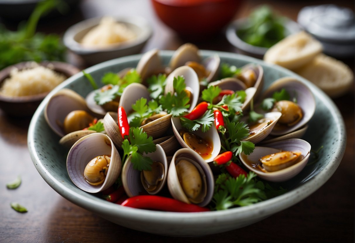 A steaming bowl of spicy clams surrounded by vibrant red chili peppers and fresh green cilantro leaves