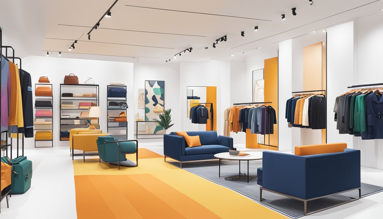 The latest coach brand collection and trends displayed in a modern, sleek showroom with bold, vibrant colors and clean, minimalist design elements