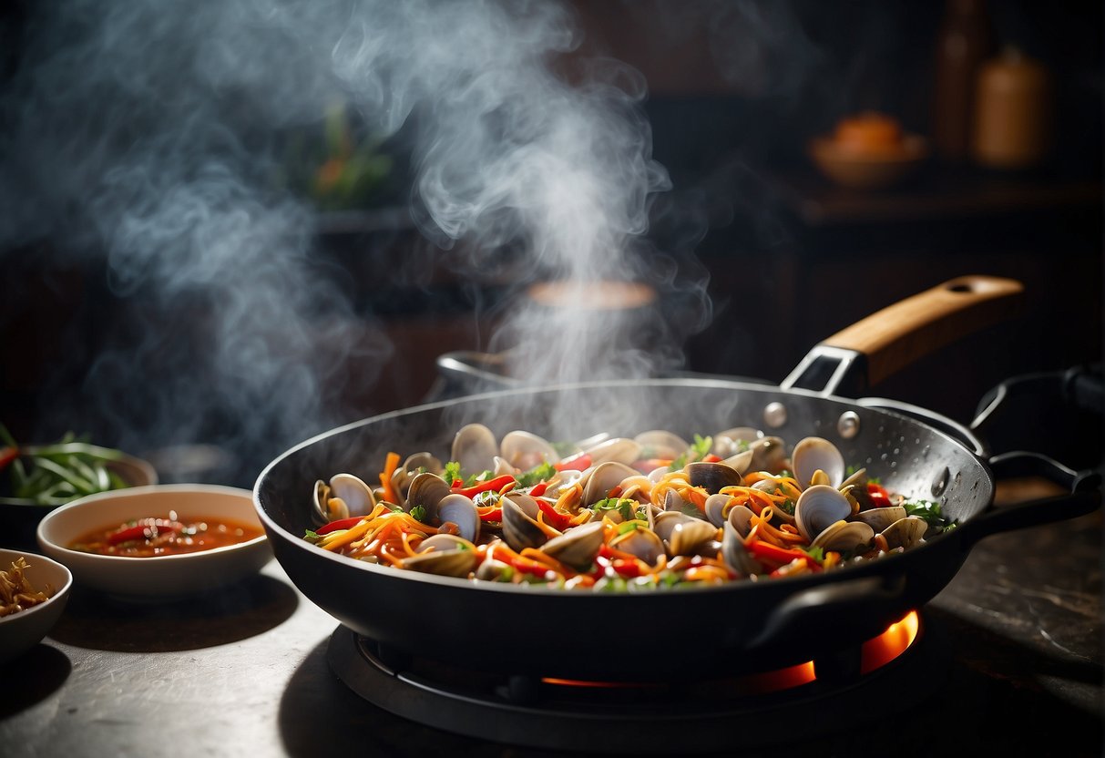 A steaming wok sizzles with spicy clams, surrounded by aromatic herbs and chili peppers. Steam rises as the fragrant dish is being prepared