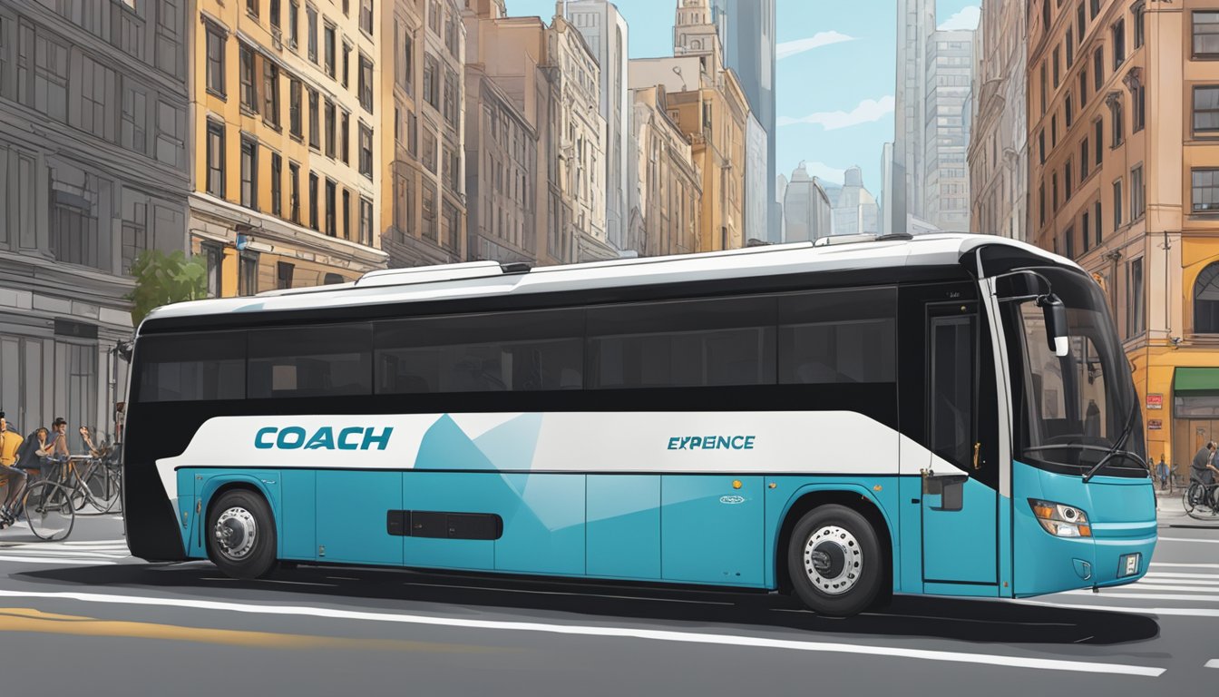 A sleek, modern coach with the brand name "The Coach Experience" prominently displayed on the side, rolling through a bustling city street