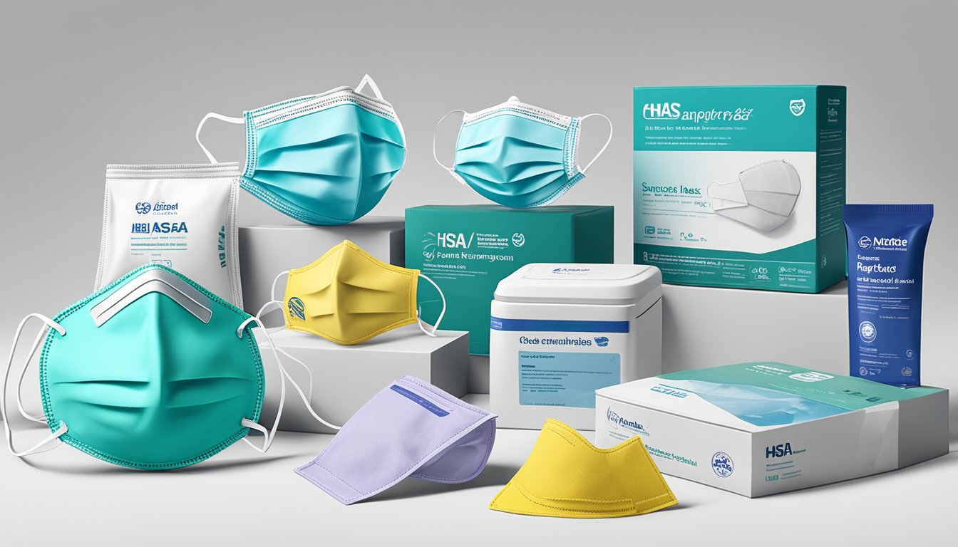 A variety of HSA-approved surgical mask brands are displayed alongside products from local manufacturers