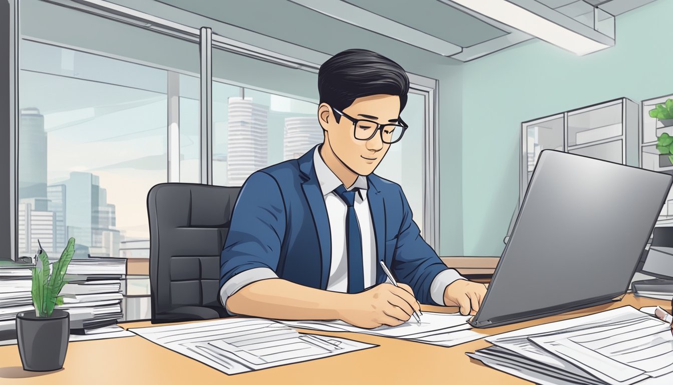 A business owner fills out loan application forms at a Singapore money lender's office. The lender reviews the documents and approves the secured loan for the SME