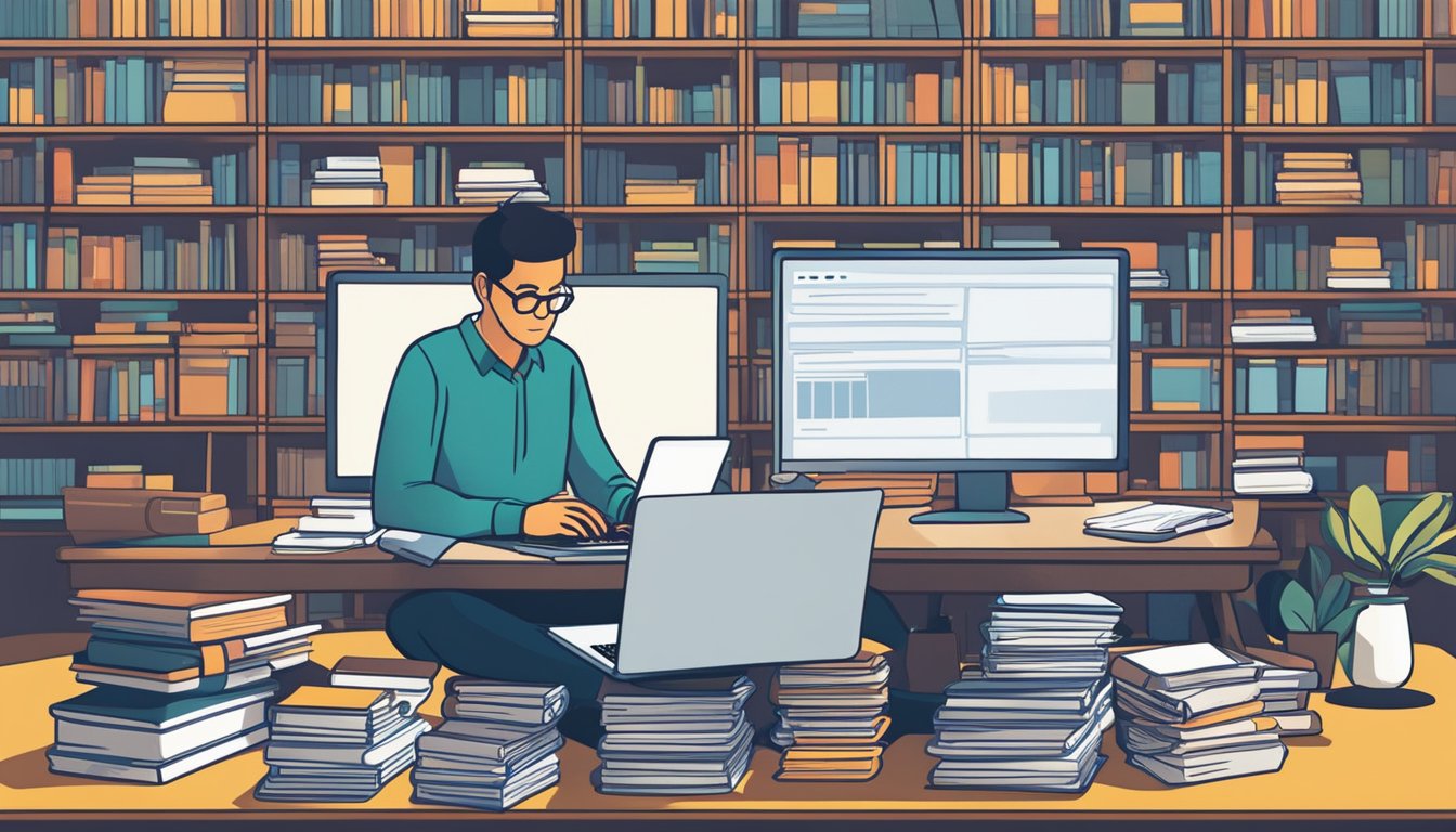 A person sitting at a desk surrounded by stacks of books and papers, typing on a laptop while deep in thought. Various financial websites and resources are open on the screen, showing the importance of research before borrowing from licensed money lenders in Singapore