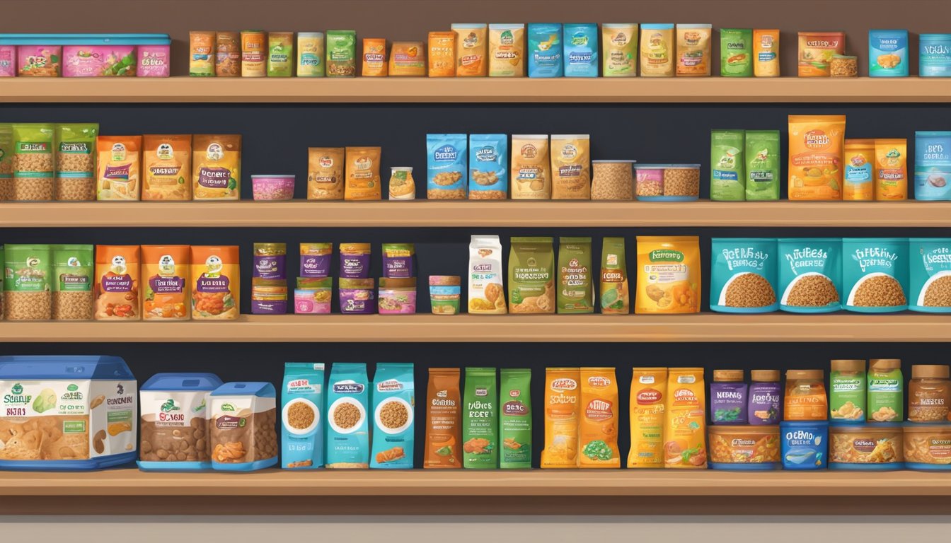 Various cat food brands displayed on shelves in a pet store