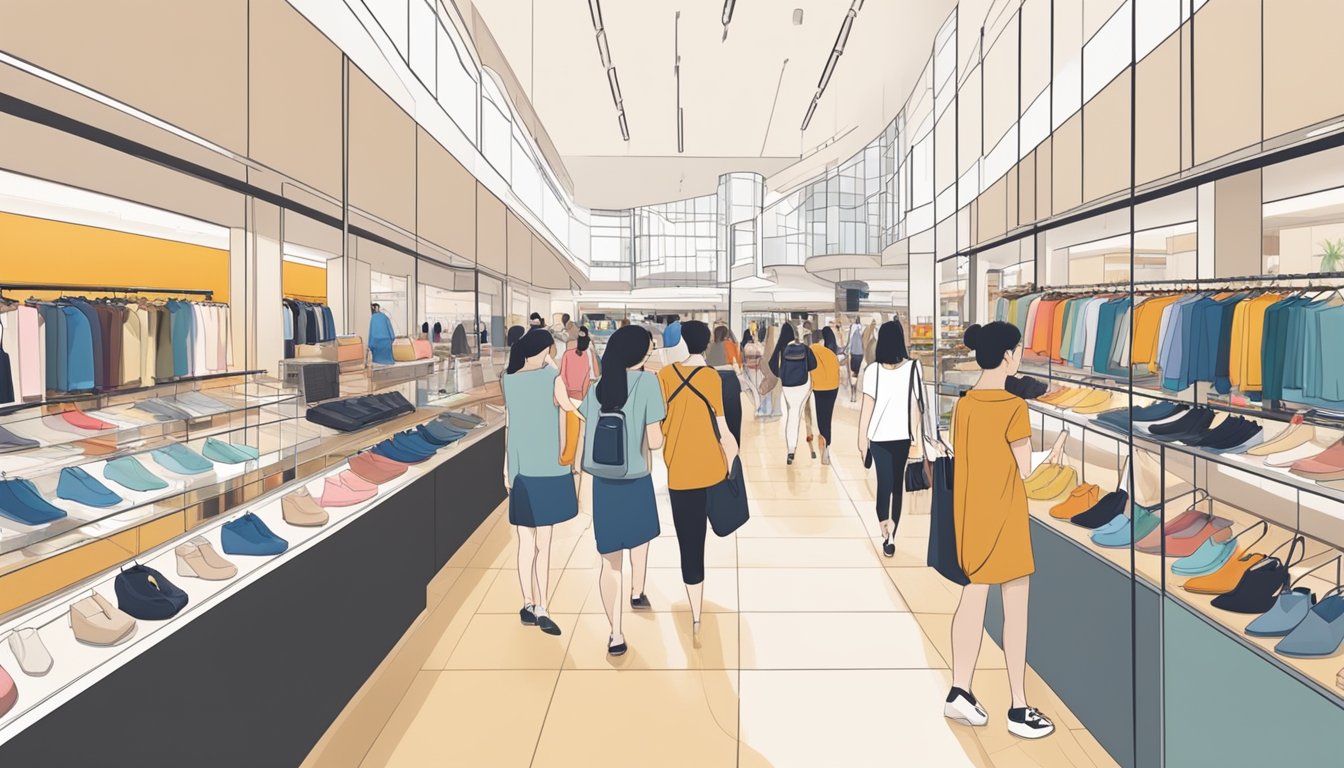Shoppers browsing through rows of designer stores at a bustling outlet shopping center in Singapore
