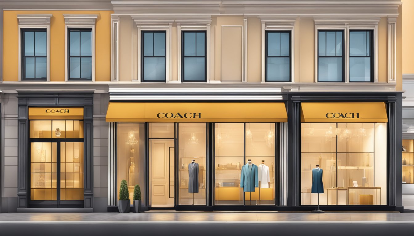 A modern, upscale storefront with bold "Coach" branding and clean, minimalist displays. Bright lighting and sleek, polished surfaces create a luxurious atmosphere