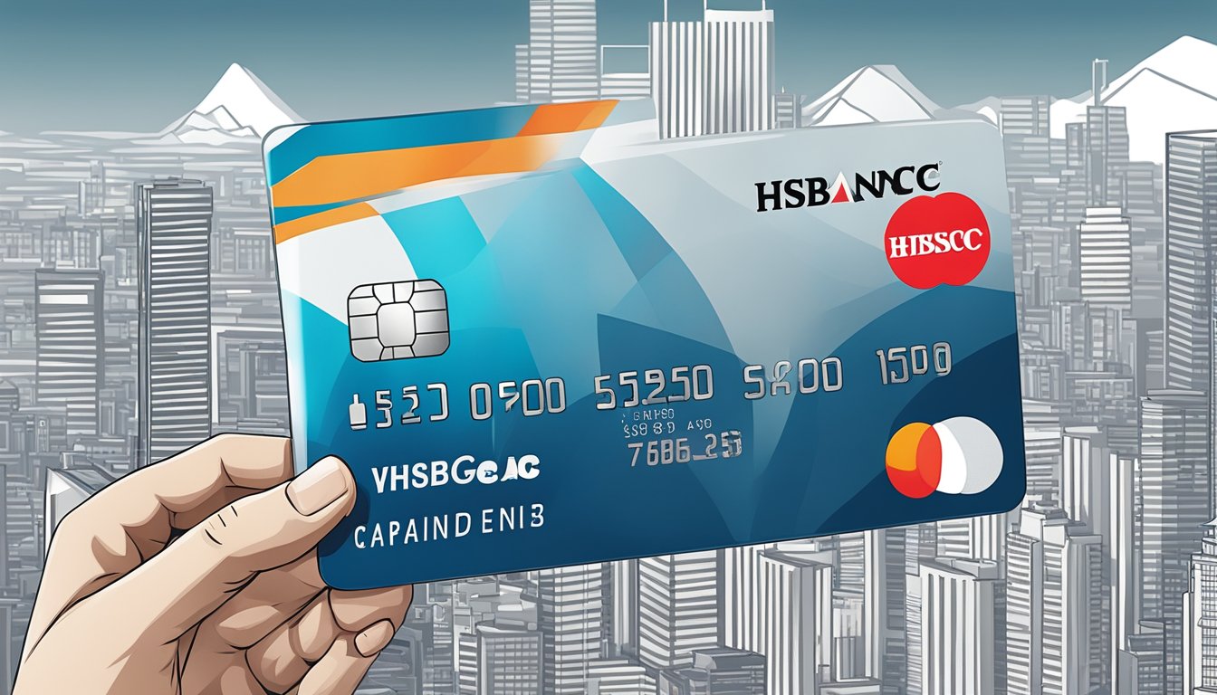 A hand holding an HSBC Advance Credit Card with the HSBC logo prominently displayed. The background includes a modern city skyline and a sleek, sophisticated atmosphere