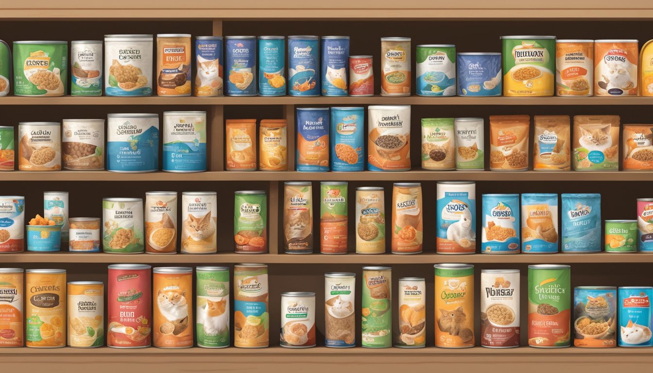Cats surrounded by various cat food brands, with nutrition labels and ingredients displayed