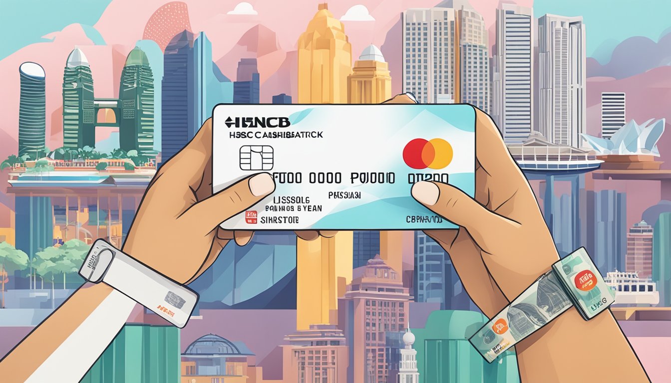 A hand holding an HSBC Advance Credit Card with rewards and cashback benefits, surrounded by iconic Singapore landmarks