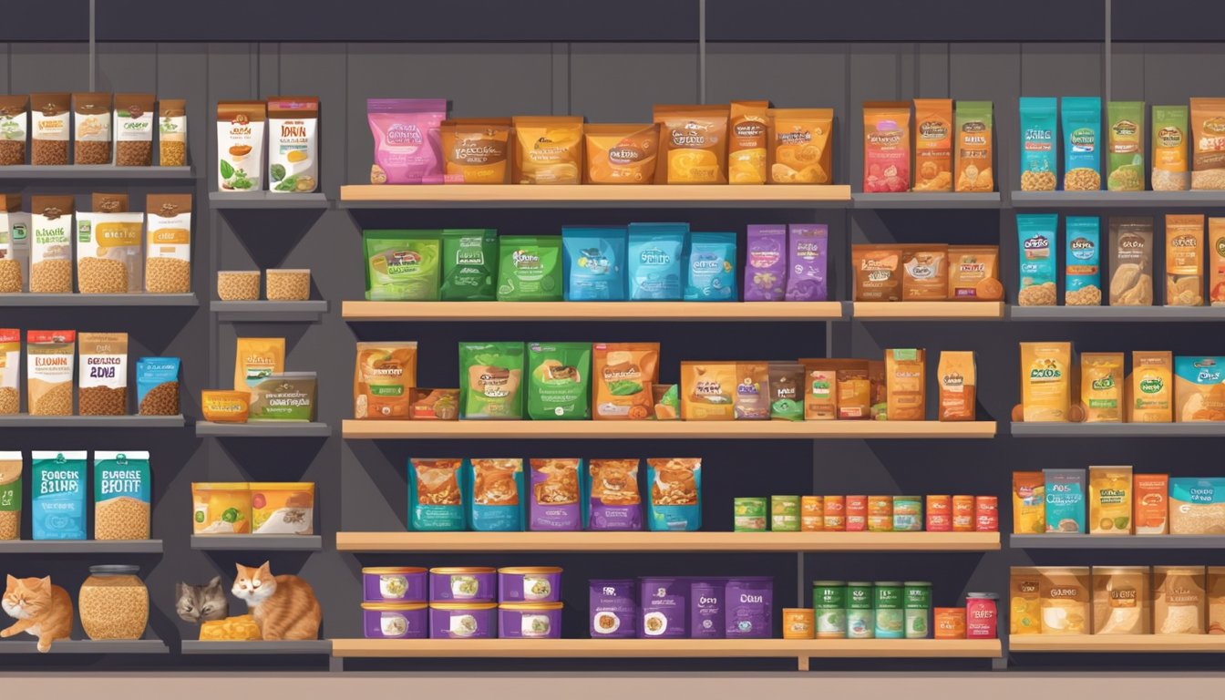 Various cat food brands displayed on shelves in a pet store. Cans, pouches, and dry food bags are neatly organized with colorful packaging