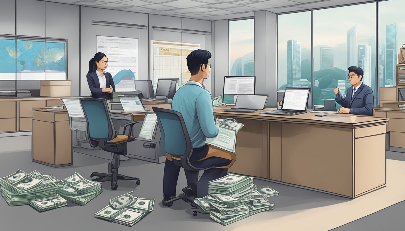 A money lender offers a secured loan to SMEs in Singapore. The lender's office is filled with paperwork, computer screens, and financial documents