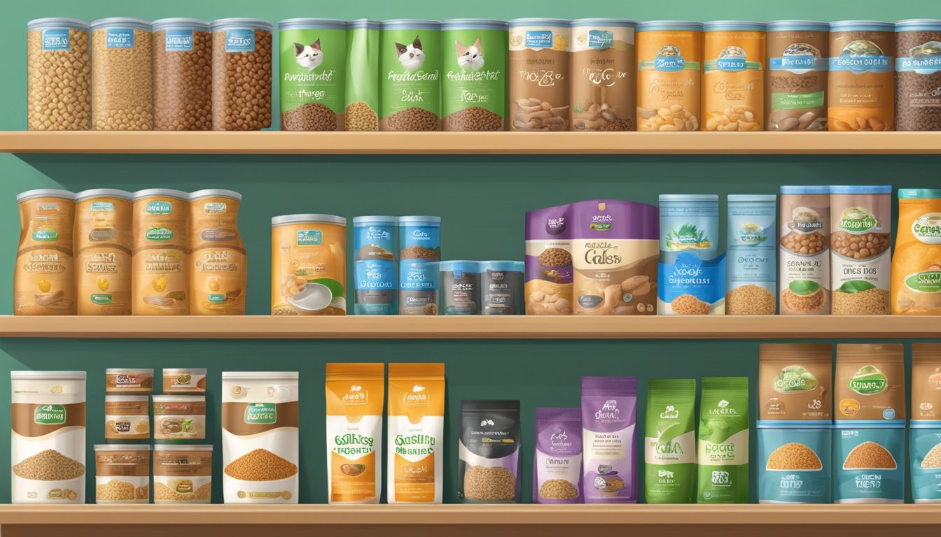 A variety of cat food brands for special dietary needs displayed on a shelf in a pet store