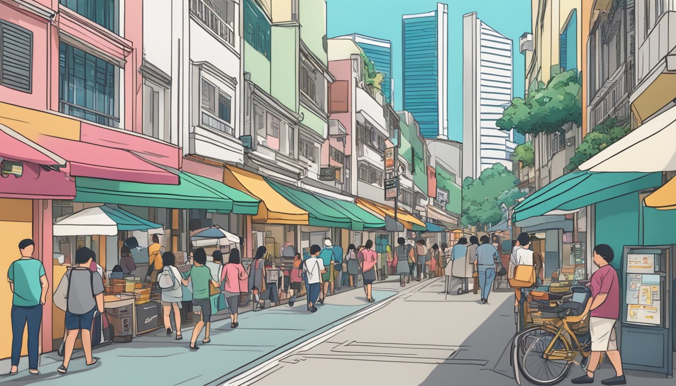 A bustling Singapore street with small businesses seeking financial support from a money lender for post-COVID-19 recovery