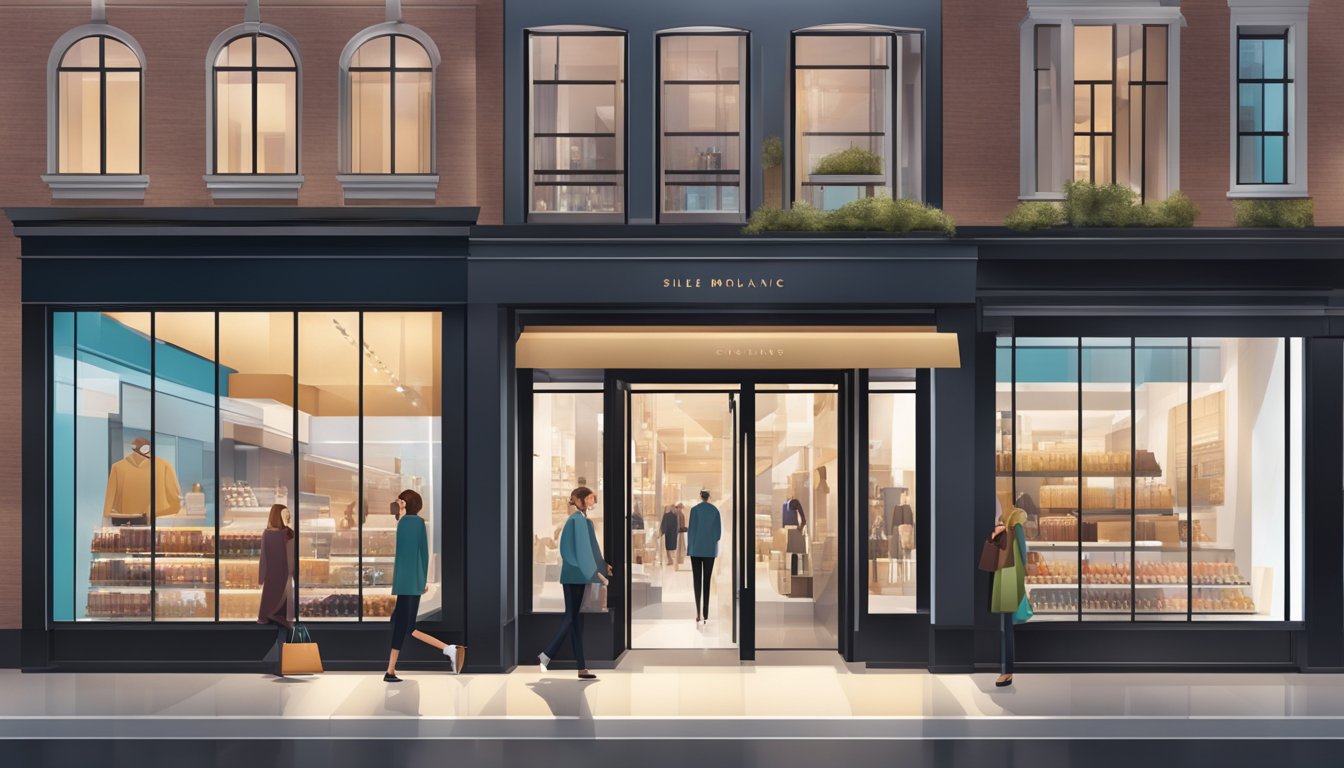 A sleek, modern storefront with bold signage and high-end displays, surrounded by bustling shoppers and luxury shoppers