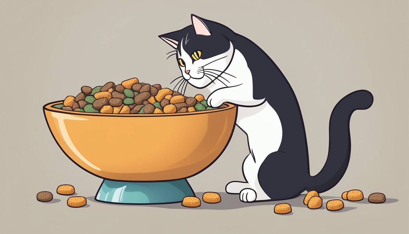 A cat eagerly eats from a bowl filled with various cat food brands. The cat's tail is raised in excitement as it enjoys the meal
