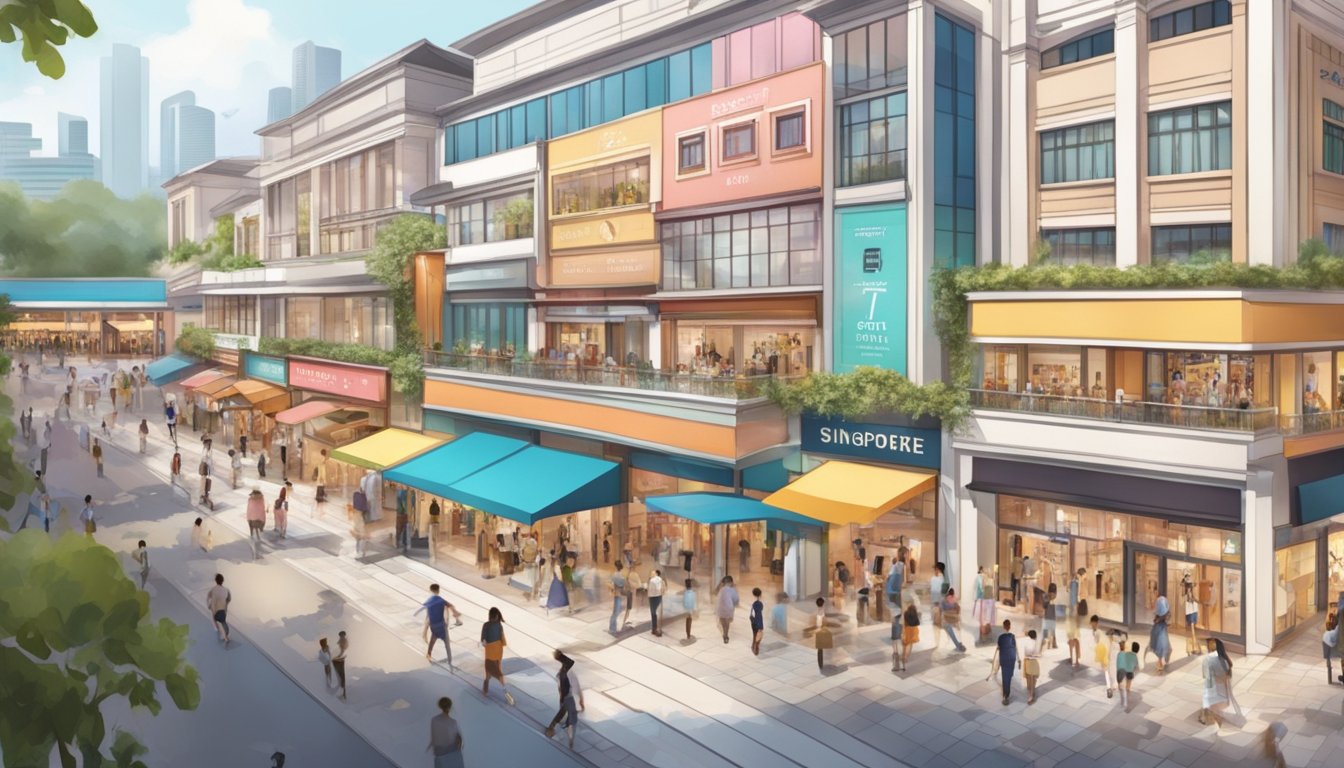 A bustling outlet mall with diverse storefronts and vibrant signage, showcasing a range of fashion and lifestyle brands in Singapore