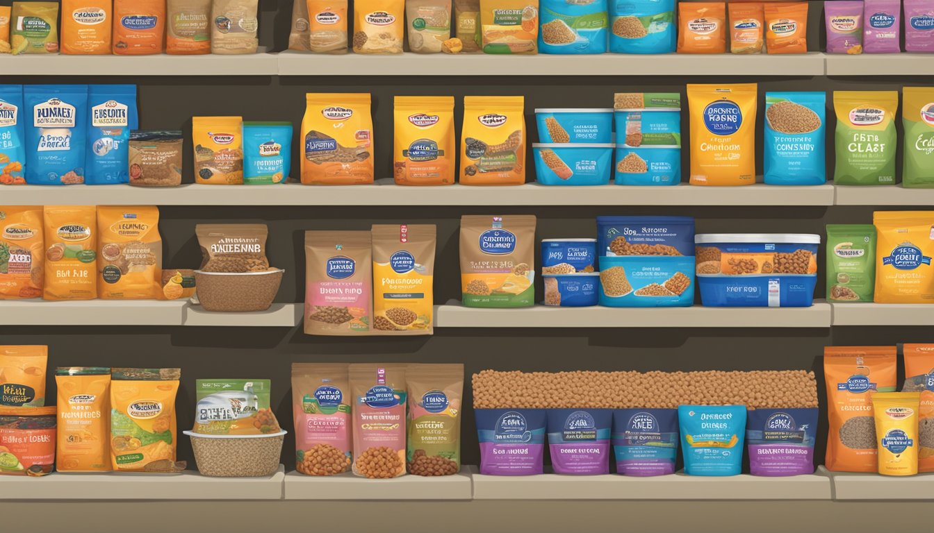 A display of various cat food brands with "Frequently Asked Questions" signage above