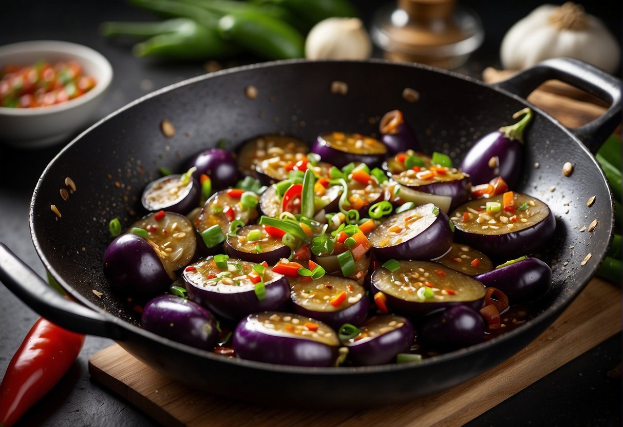 Eggplant sizzling in a wok with spicy sauce, garlic, and ginger. Green onions and chili peppers scattered nearby
