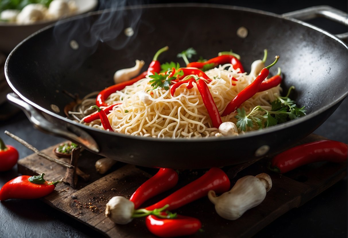 Enoki mushrooms sizzling in a wok with vibrant red chili peppers, garlic, and ginger. Steam rising and a fragrant aroma fills the air