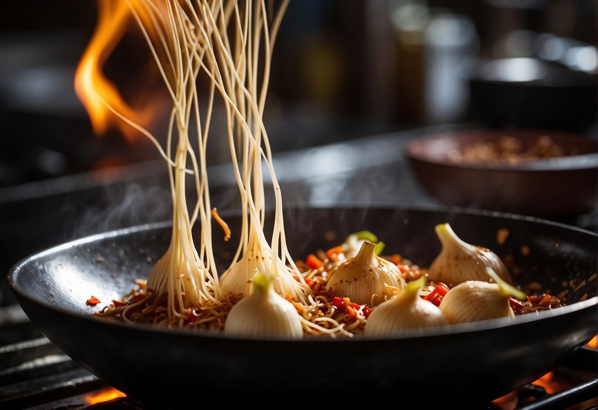 Enoki mushrooms sizzle in a wok with spicy sauce, surrounded by vibrant red chili peppers and aromatic garlic and ginger
