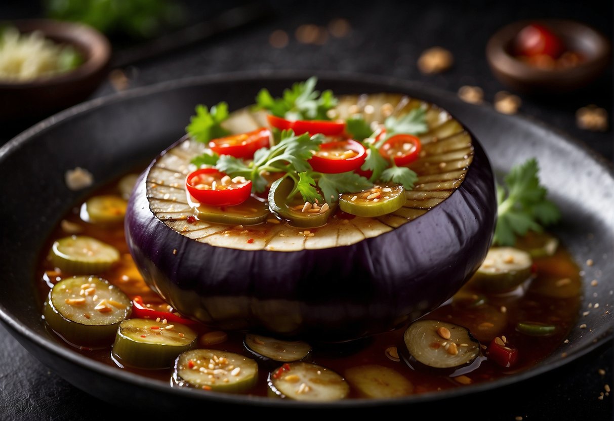 Eggplant slices sizzling in a hot wok with garlic, ginger, and chili peppers, emitting a spicy aroma