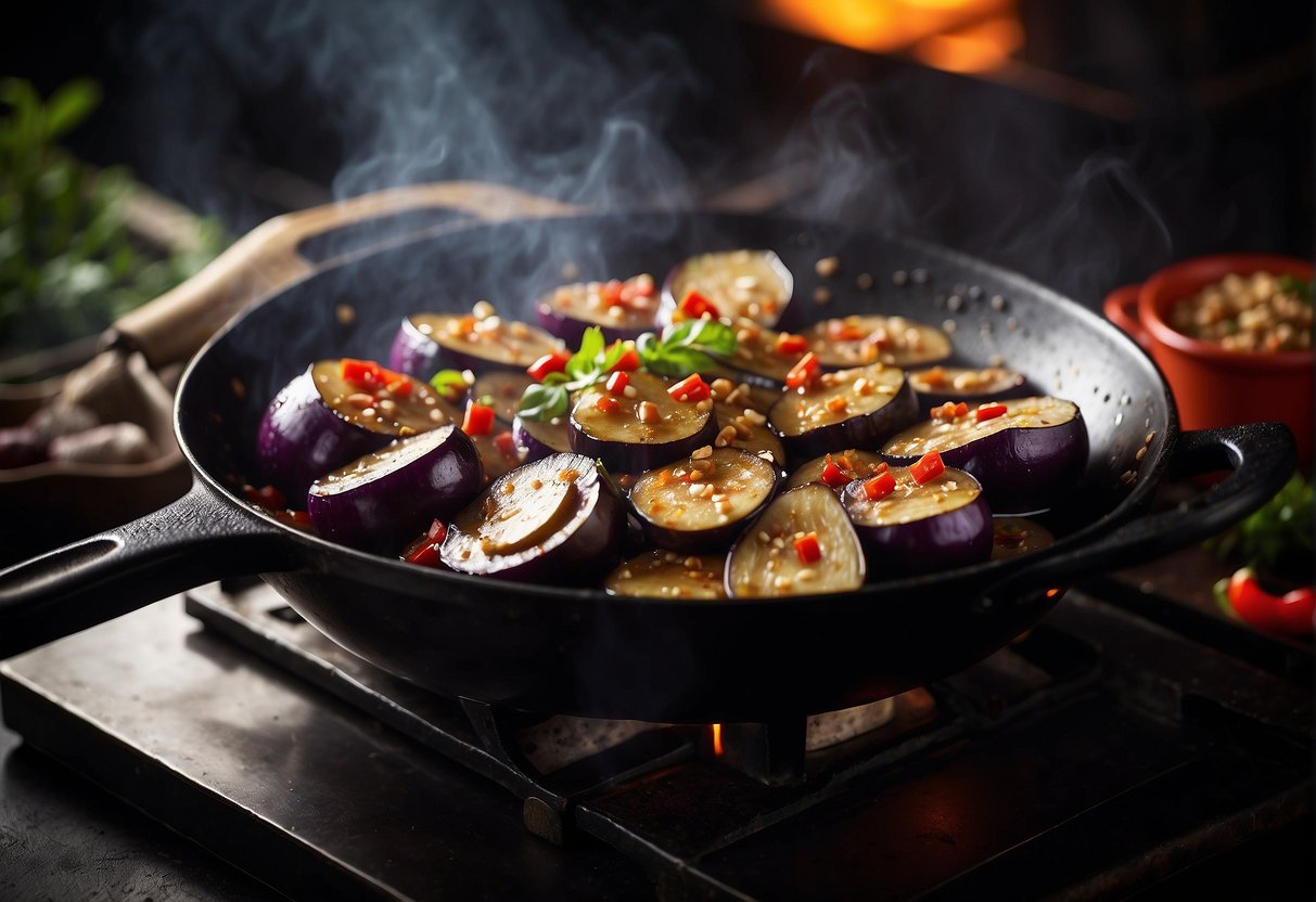 Eggplant sizzling in a wok with chili, garlic, and soy sauce. Steam rising, vibrant colors, and aromatic spices filling the air