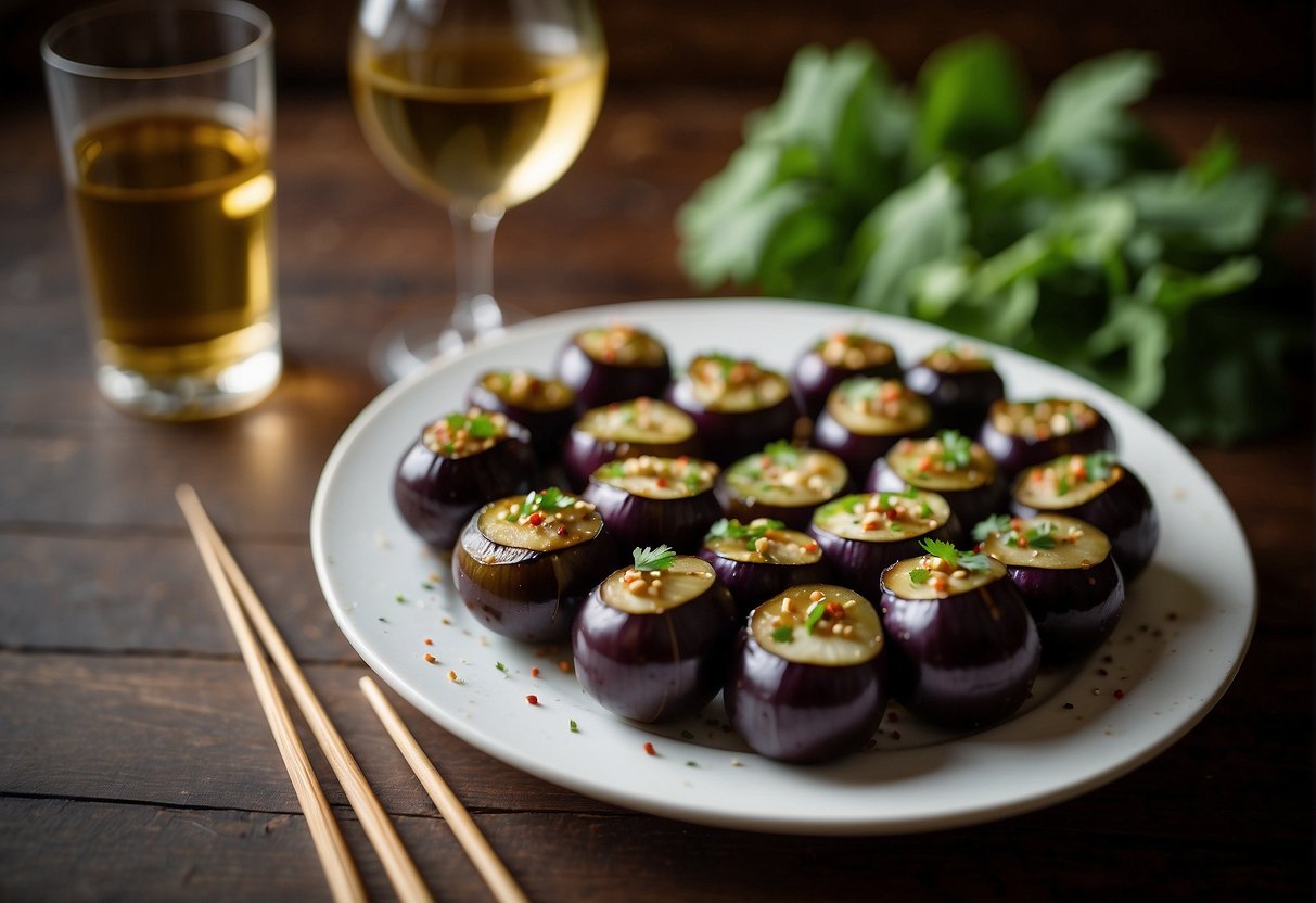 A plate of Chinese spicy eggplant with chopsticks and a glass of white wine on a wooden table