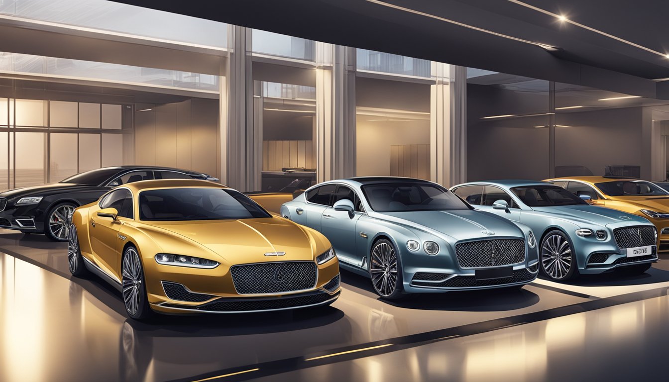A lineup of luxury Continental car brands, gleaming under bright showroom lights. Each car exudes elegance and sophistication, showcasing the epitome of European automotive engineering