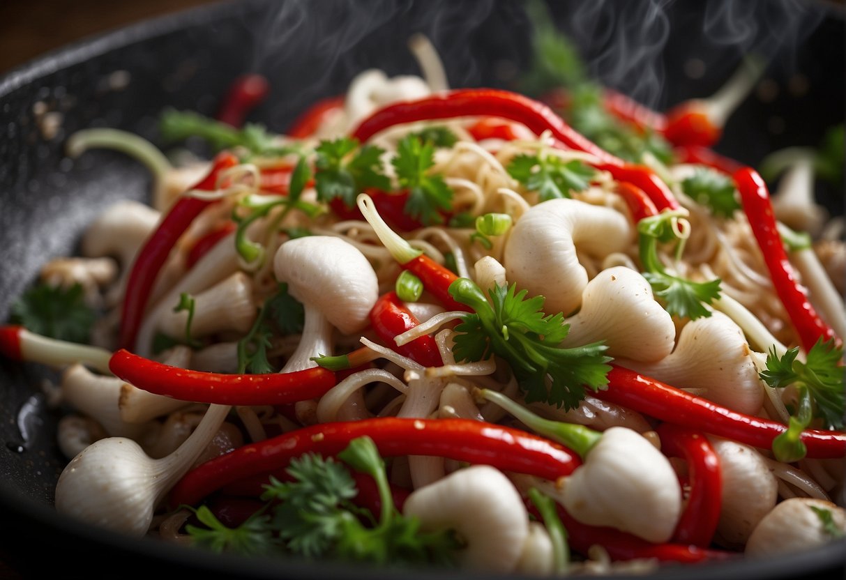 Enoki mushrooms sizzling in a wok with vibrant red chili peppers, green scallions, and aromatic spices
