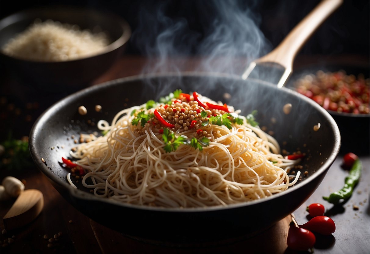 Enoki mushrooms sizzle in a wok with spicy Chinese seasoning, emitting a tantalizing aroma. Red chili peppers and Sichuan peppercorns add vibrant color and depth to the dish
