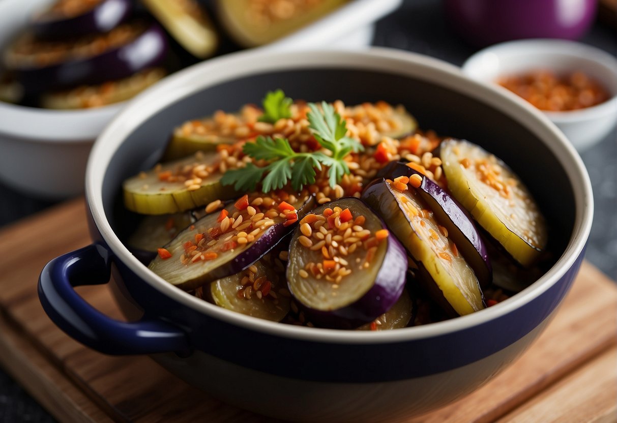 Sliced eggplant in spicy sauce sits in a container. Microwave next to it. Chopsticks on the side