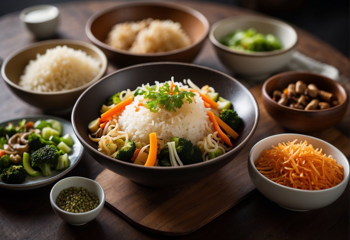 A table set with a variety of Chinese spices, enoki mushrooms, and accompanying dishes. A steaming bowl of spicy enoki mushroom stir-fry is placed at the center, surrounded by small plates of pickled vegetables and rice